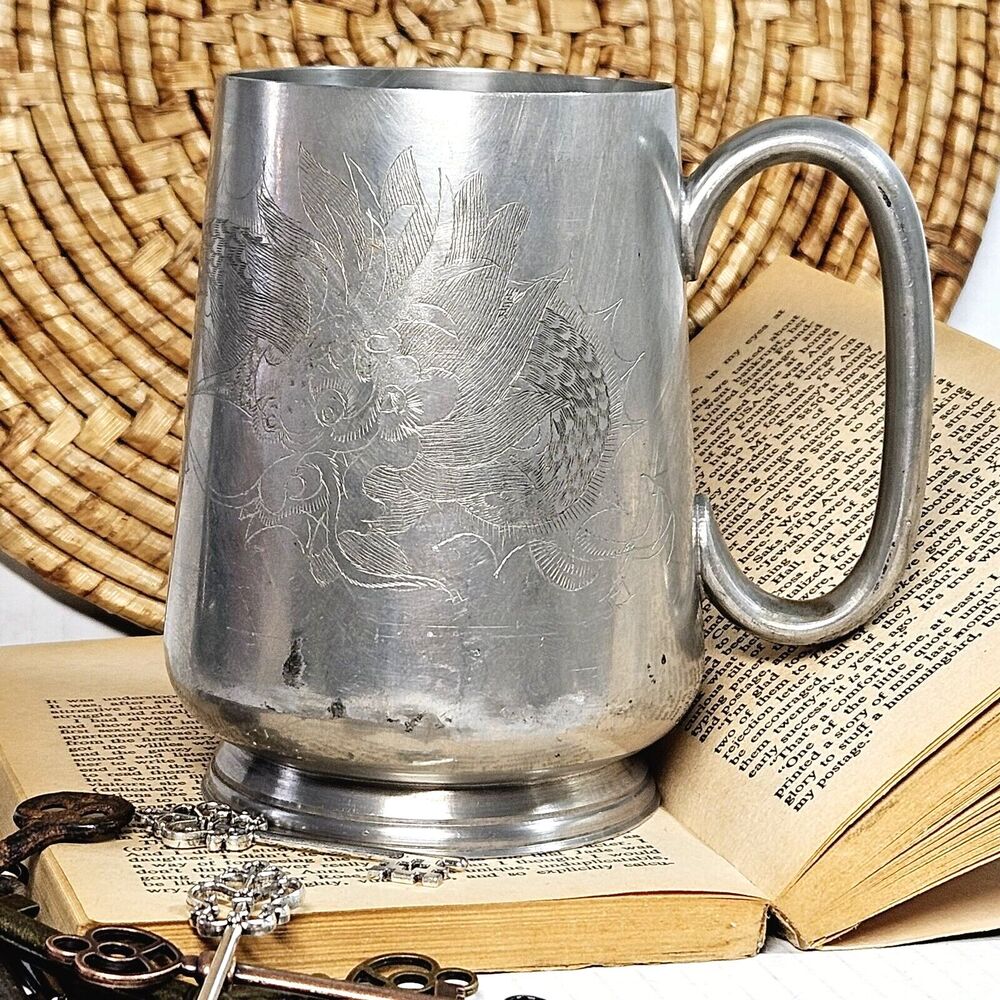 Vintage Chinese Asian Etched Dragon Steins Kuthing Pewter Swatow Mug/ Goblet